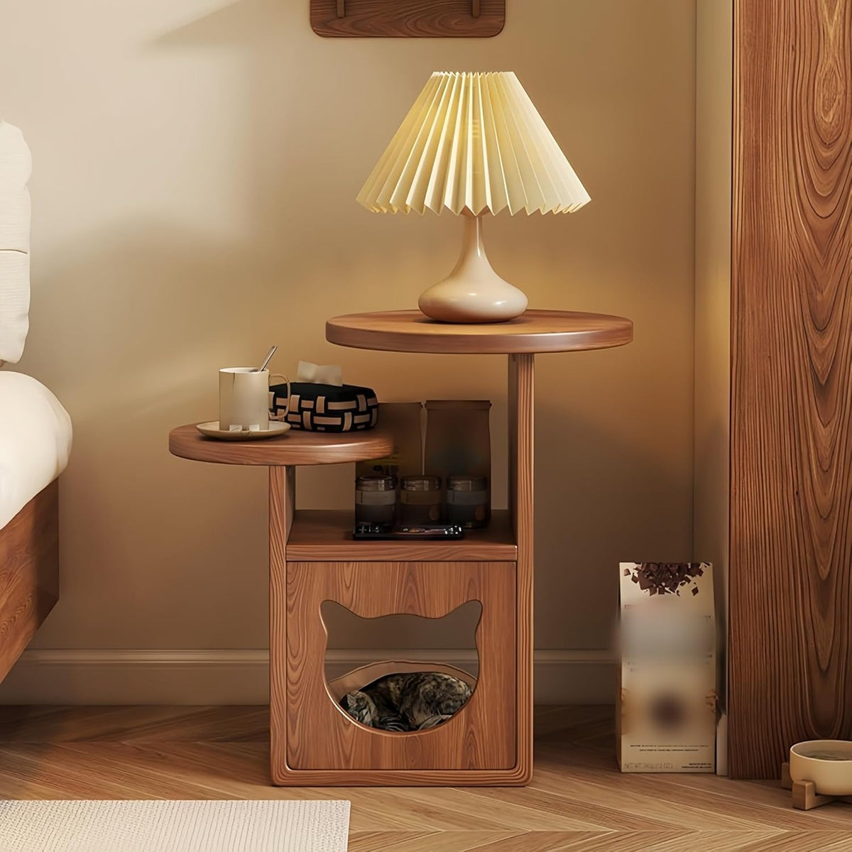 Cat Tree and End Tables, Cat Nightstand, Wooden Round Side Table wiht Cats Houses, Small Bedside Table with 3-Tier Storage Shelves, Modern Cats Furniture for Living Room Bedroom(Brown)