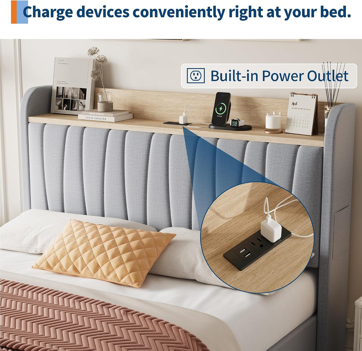 GarveeHome Bed Frame Full with Storage Headboard, Charging Station, Grey
