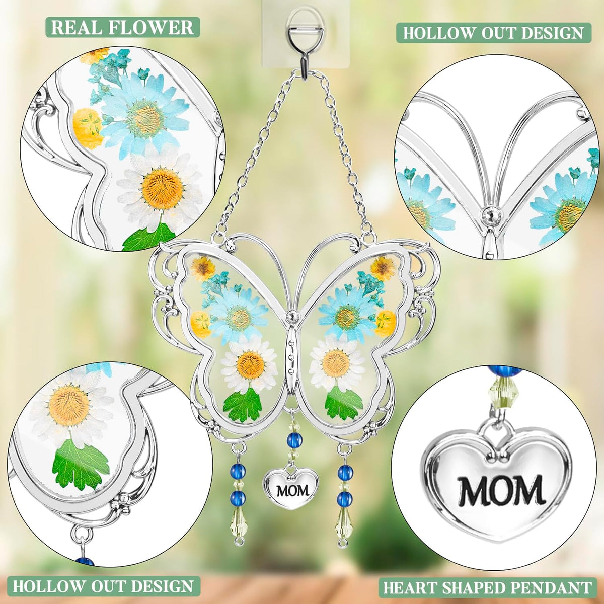 LARAINE Butterfly Suncatcher with Pressed Flower Wings Mother's Day Butterfly Glass Wind Chime Ornament Charm with Metal Heart Gifts for Grandma Aunt Birthday (Mom, Blue)