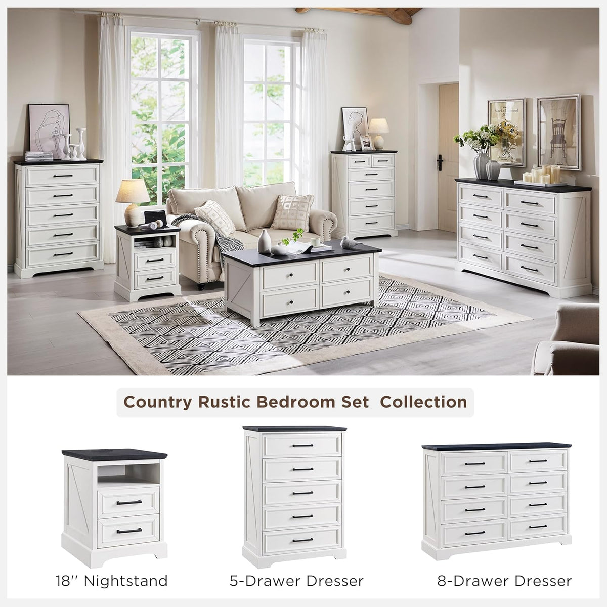 ACCOHOHO 18" Farmhouse Nightstand Set of 2 with Charging Station,End Table with 2 Drawers Storage,Side Table,Bedside Cabinet for Bedroom,Living Room, Antique White