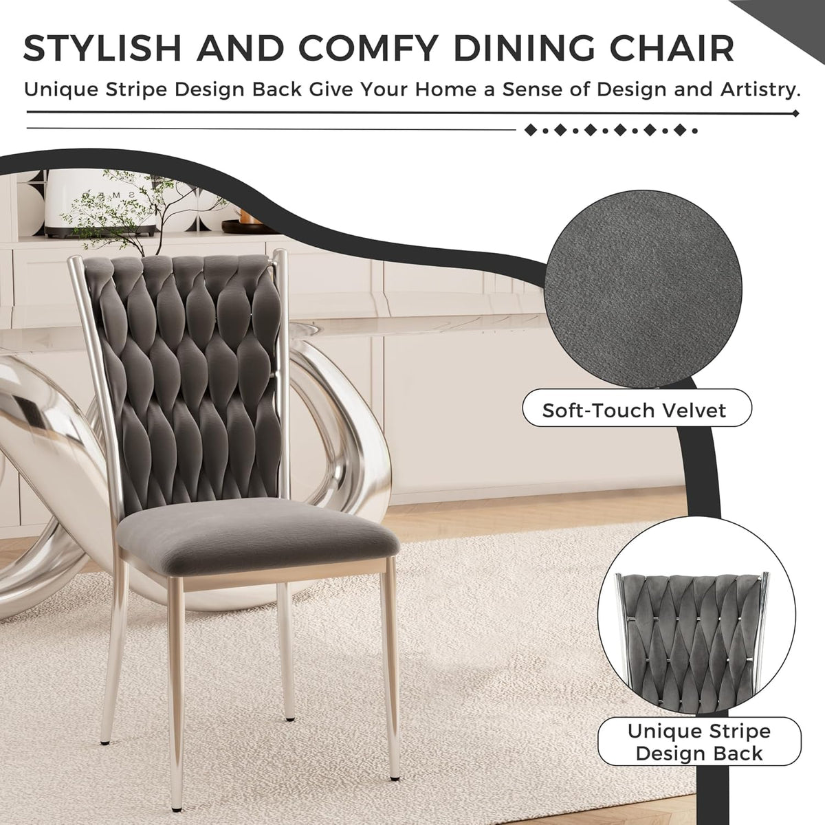 Velvet Dining Chairs Set of 4, Modern Upholstered Kitchen Chairs with Silver Metal Legs, Woven Velvet Fabric and High Back, Dirt Resistance, Easy to Assemble, for Home, Living Room - Dark Grey