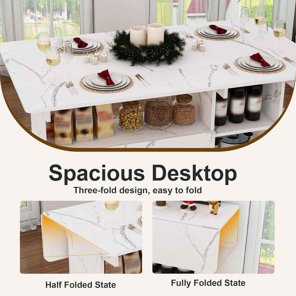 Multi-Functional Folding Dining Table Kitchen Island with Storage Shelves and Wheels, Space Saving Dining Tables Compact Desk for Dining Room, Kitchen, Dorm, Office (White)