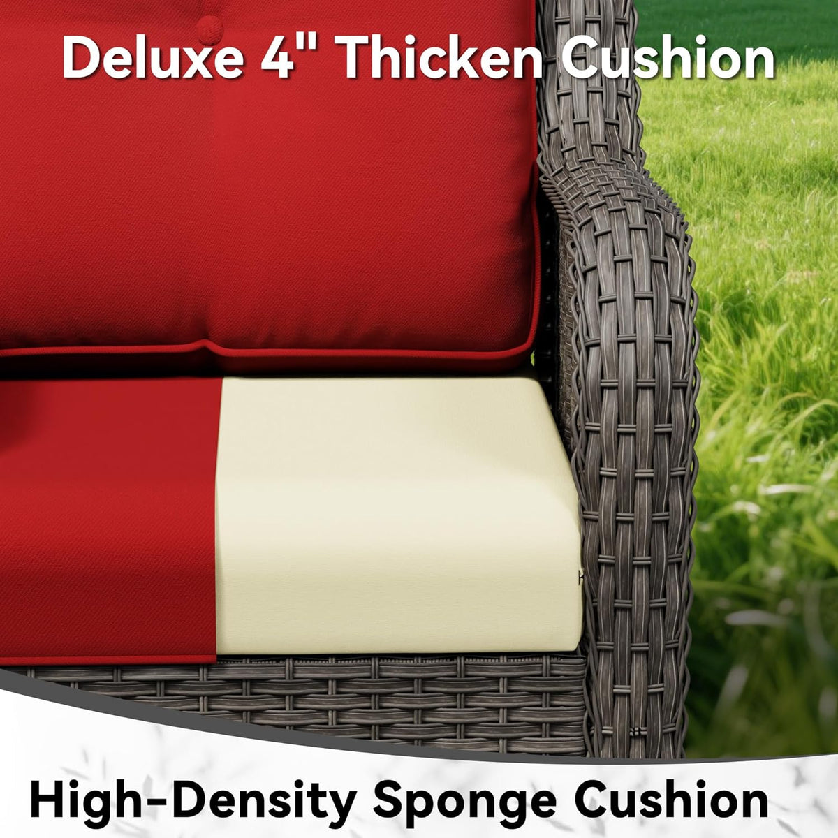 Outdoor Swivel Rocker Patio Chair - Outdoor Wicker Patio Furniture with Thickened Olefin Cushions, High Back and Deep Seating, Hand-Woven PE Rattan for Porch, Deck, Balcony, Red