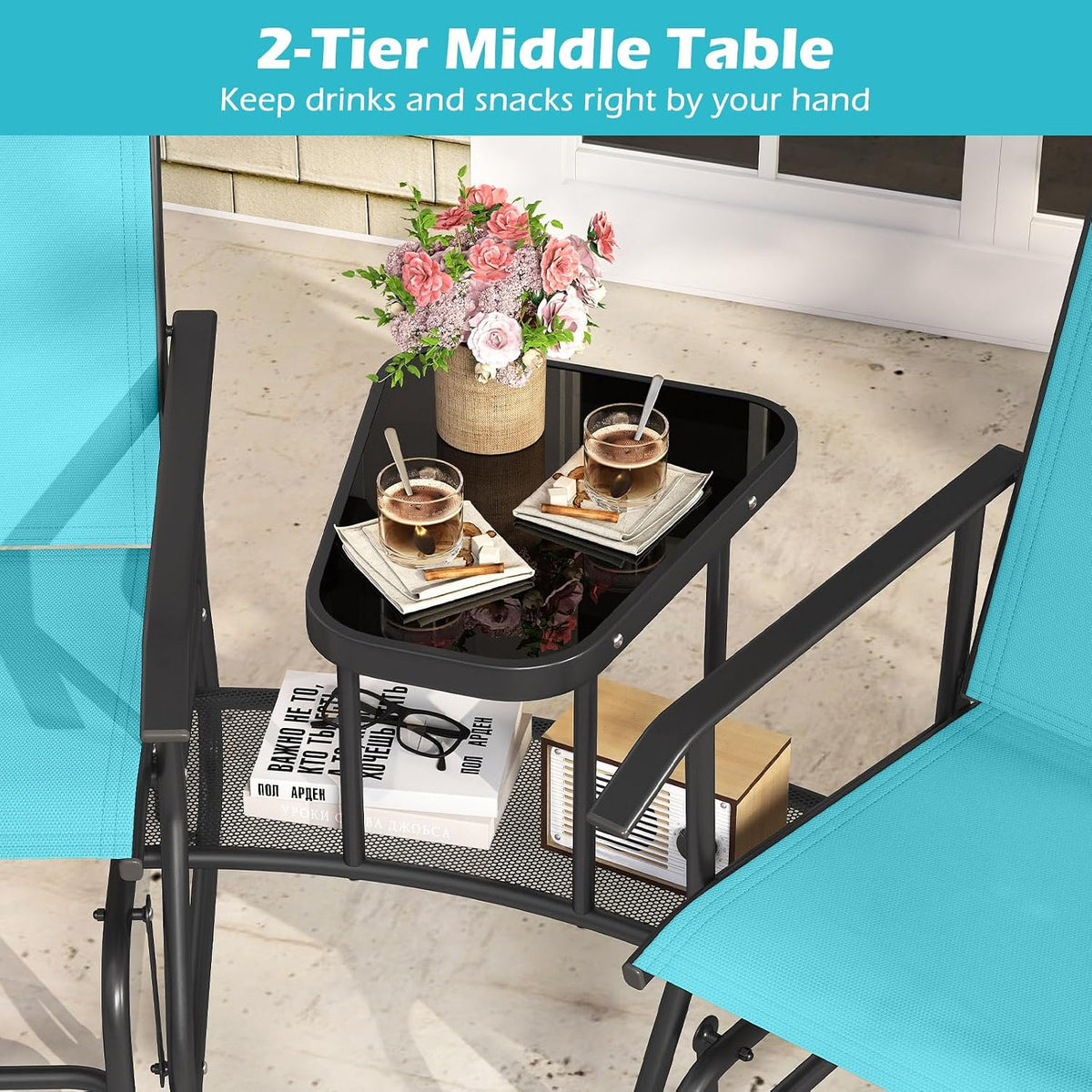 Tangkula 2-Seater Outdoor Glider Bench with 2-Tier Center Table (Turquoise) | Breathable Mesh Fabric Seat & Back, Footrest, Storage Shelf, Heavy-duty Metal Frame for Garden, Porch, Backyard