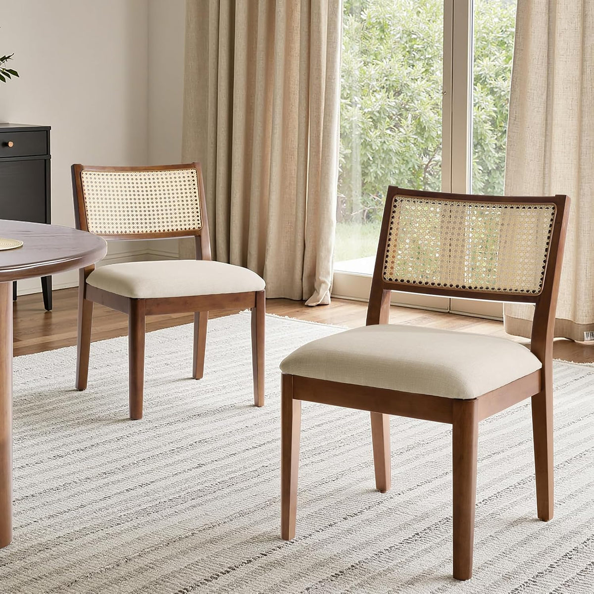 HULALA HOME Rattan Dining Chairs Set of 2, French Solid Wood Kitchen Dining Room Chairs with Curved Back, Upholstered Accent Dinner Cane Chair for Living Room Restaurant, Walnut