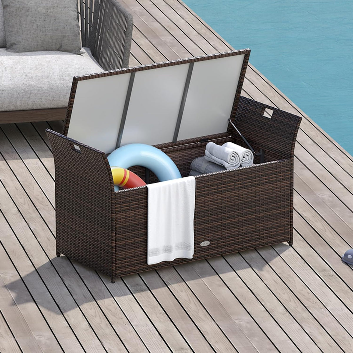 RELAX4LIFE Wicker Outdoor Storage Bench - 68 Gallon Rattan Deck Box w/Side Handles & Soft Cushion for Pillows, Garden Tools, Pool Accessories, Sports Equipment, Patio Bench with Storage for Porch