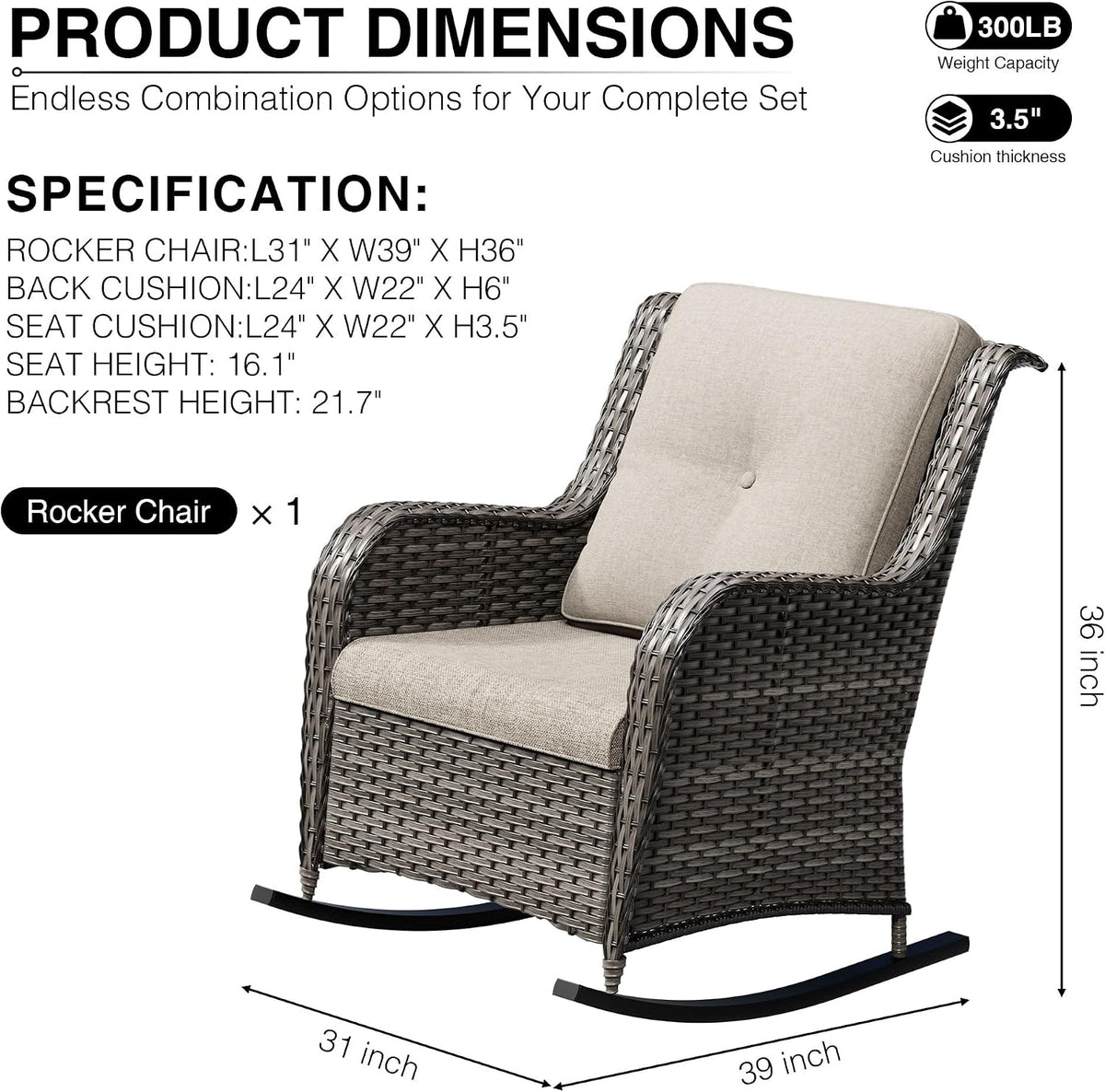 Joyside Outdoor Rocking Chair, Wicker Patio Furniture with High Back, Deep Seating, Wide Armrest, Thickened Cushions, Outdoor Rattan Furniture for Deck, Porch Use