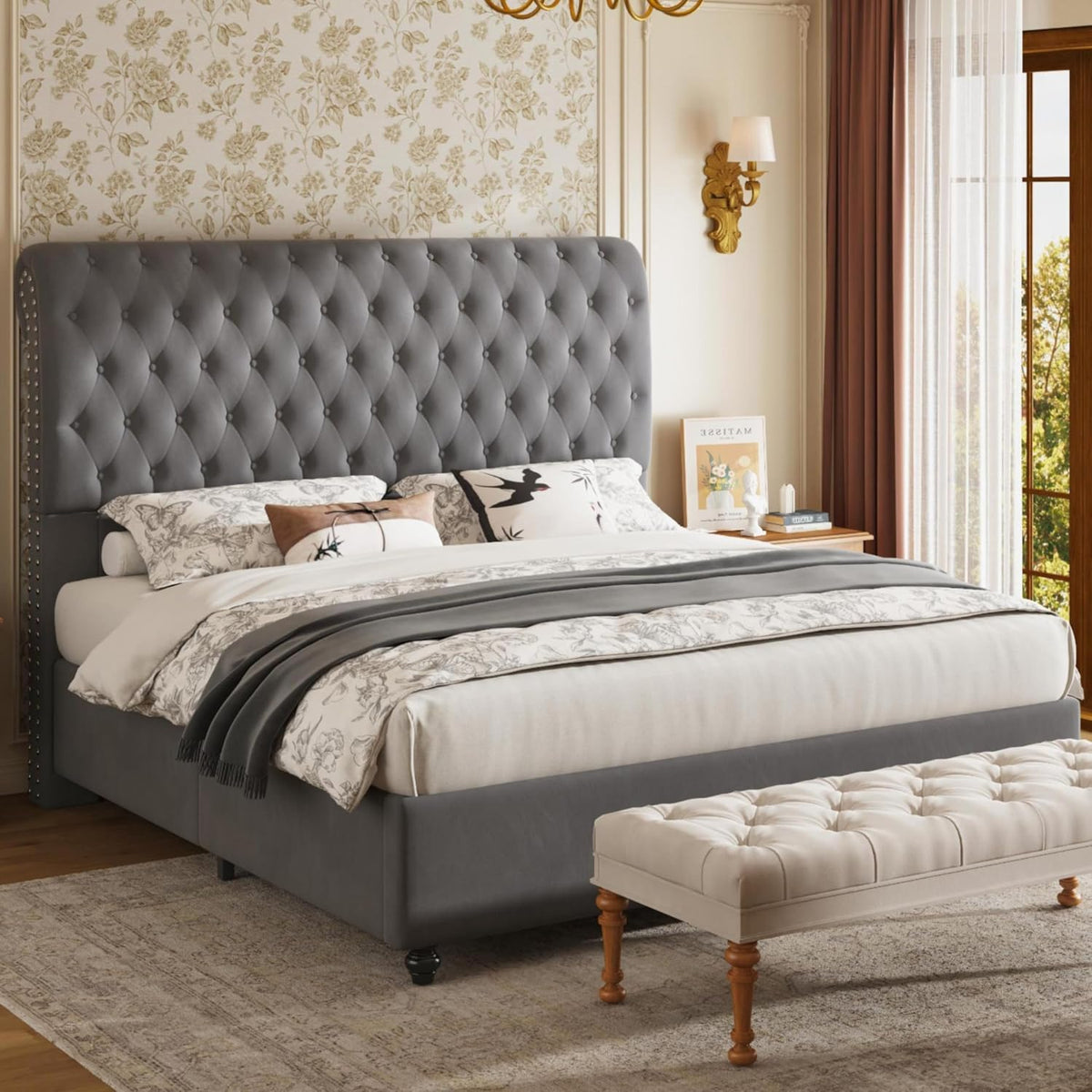 Jocisland Queen Bed Frame 52.8" Sleigh Headboard,Velvet Upholstered, Gray