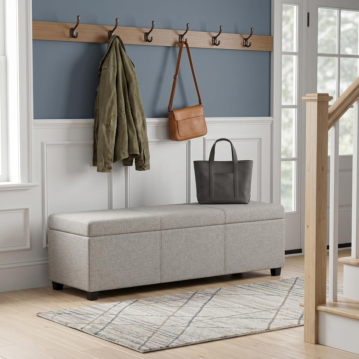 SIMPLIHOME Avalon 54" Wide Linen Look Fabric Storage Ottoman in Cloud Grey | Contemporary lift-top ottoman with high-density foam; rectangle storage bench or coffee table for living room or entryway.