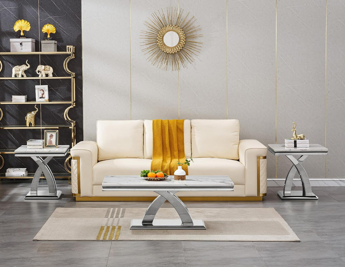 1 Piece Living Room End Table Luxury Faux Marble Sofa Side Table, Modern White Silver End Table with X-Shape Stainless Steel Pedestal Base