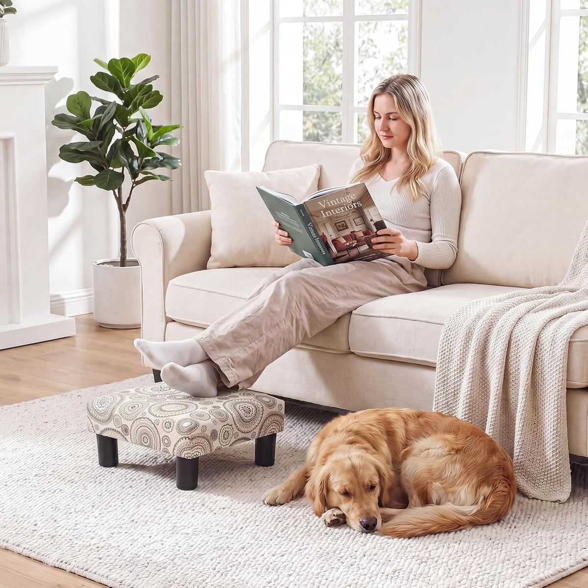 Joveco Small Foot Rest Stool Ottoman, Square Upholstered Fabric Footstool for Couch, Under Desk, Office, Living Room, Printing Beige