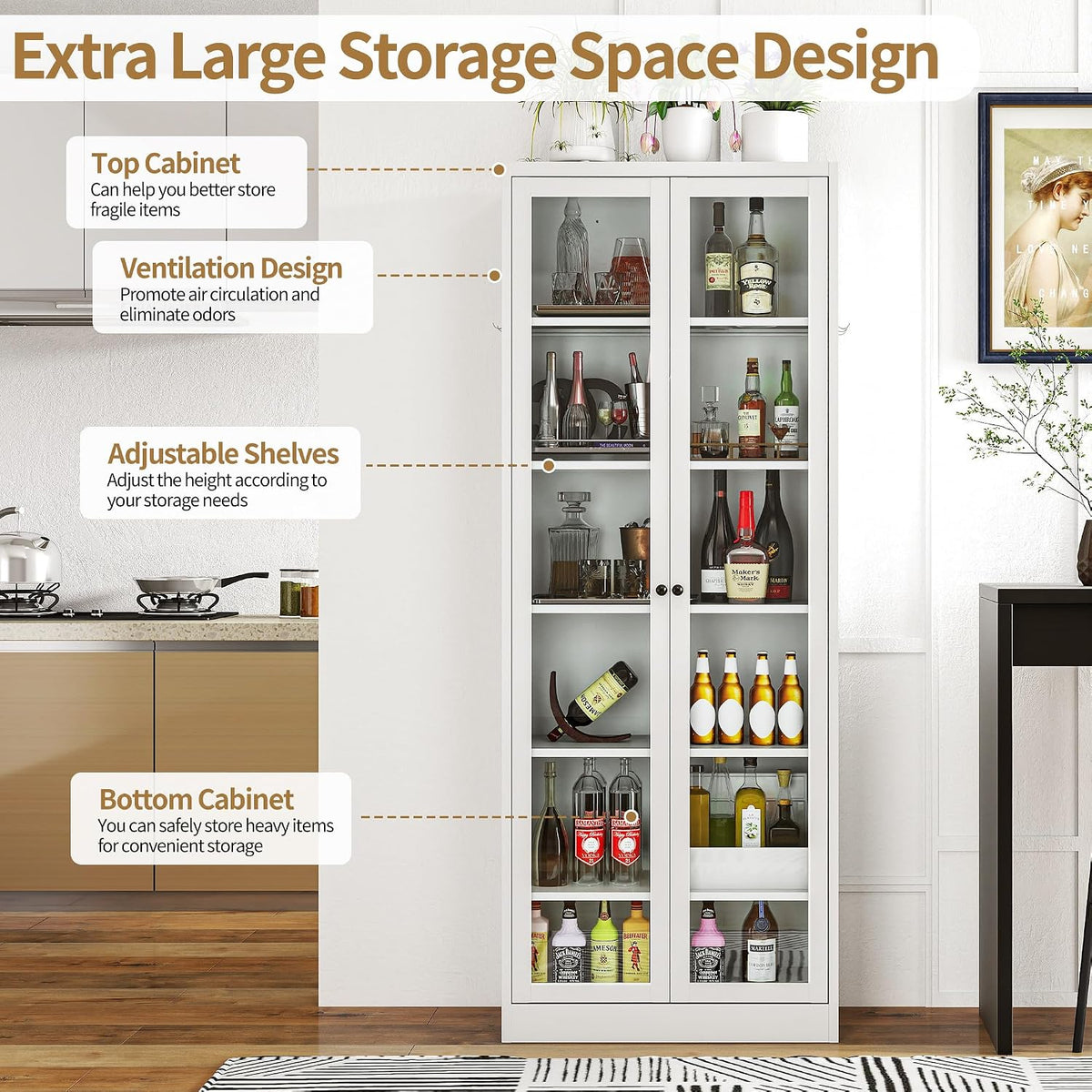Kitchen Pantry Cabinet, 72" H Storage Cabinet with Glass Doors and Adjustable Shelves, Spacious Cupboard with Round Handles, Metal Kitchen Cabinet for Dining Room, Living Room, White