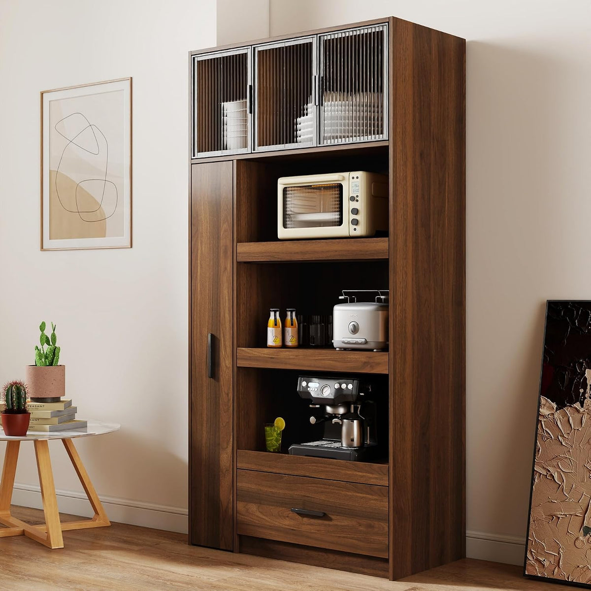 Tall Kitchen Pantry Cabinet with Microwave Stand, Walnut Coffee Bar Cabinet with Drawer, Pull-Out Storage Shelves and Aluminum Frame Glass Doors, Freestanding Food Hutch for Kitchen and Dining Room