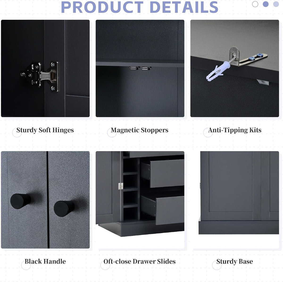 77" Tall Kitchen Pantry Cabinet with 3 Drawers, Large Wooden Kitchen Organizers Storage Cabinet with 6 Door Shelves, Adjustable Shelves and Wine Racks for Dining Room, Dark Gray