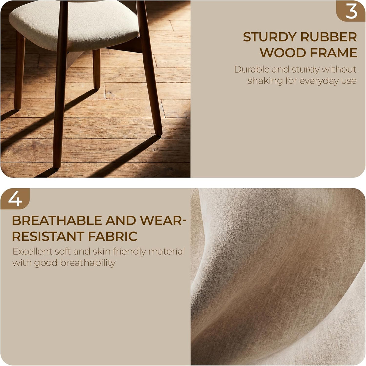Mid Century Modern Dining Chairs Set of 4, Farmhouse Wooden Fabric Upholstered Kitchen Chairs with Curve Back, Dining Room Chairs for Living Room Restaurant Cafe with Brown Legs, Camel