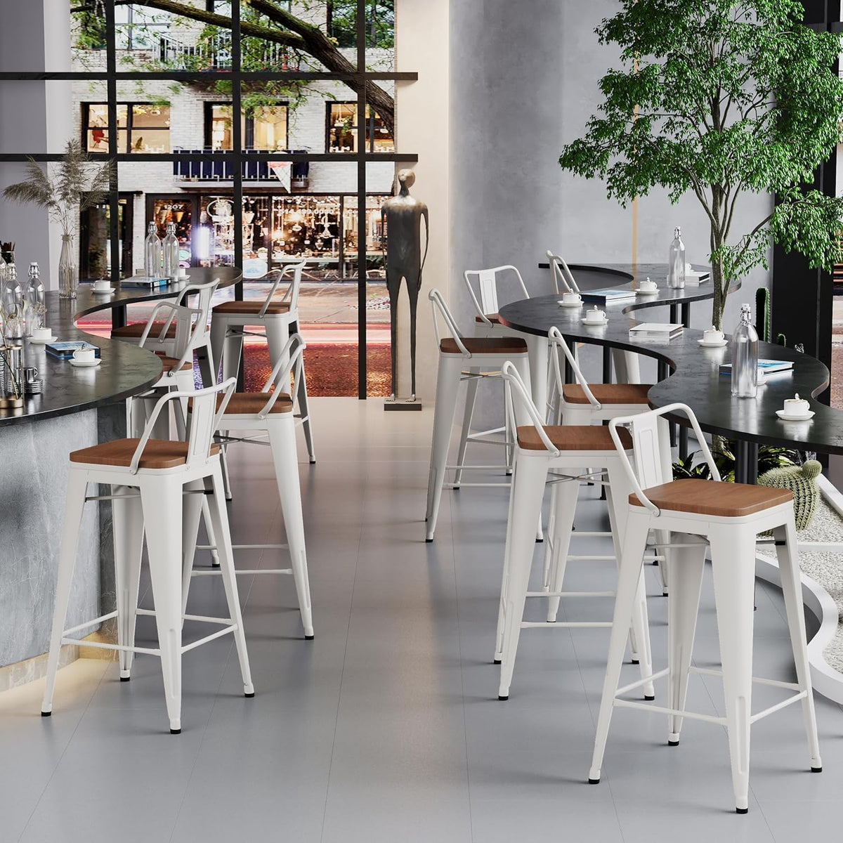HAOBO Home 30" Bar Stools Set of 2 Bar Height Metal Barstools with Wood Seat Low Back Kitchen Bar Chairs White