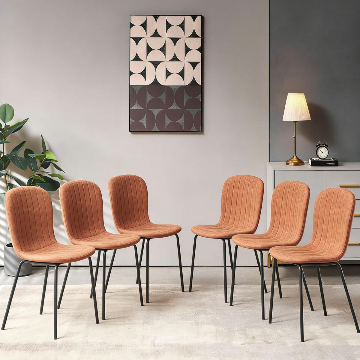 Small Dining Chairs Set of 6, Modern Mid Century Faux Leather Dining Room Chairs with Black Metal Legs, Kitchen Home Living Room Restaurant Apartment, Space-Saving, Brown