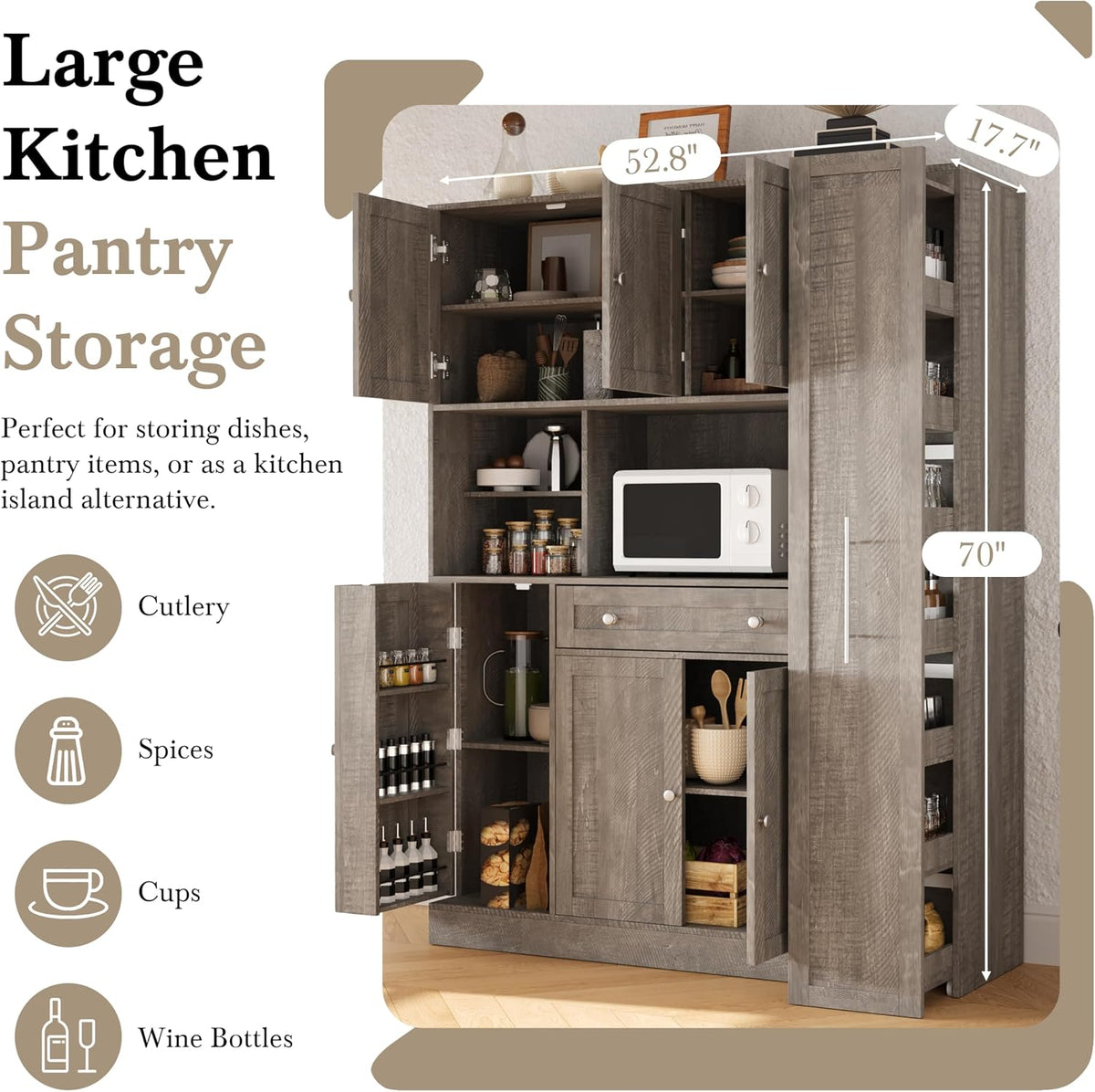 roomfitters Large Kitchen Pantry Cabinet with Pull-Out Side Storage and Hutch, Shaker Style Buffet, Brown