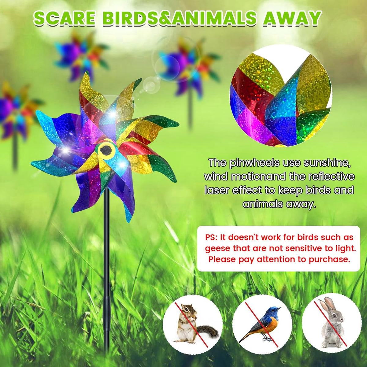10 PCS Reflective Pinwheels for Yard and Garden Bird Devices Pre-Installed Sparkly Wind Spinner Deterrent to Scare Birds Away from Yard Patio Farm (Multicolor-1)