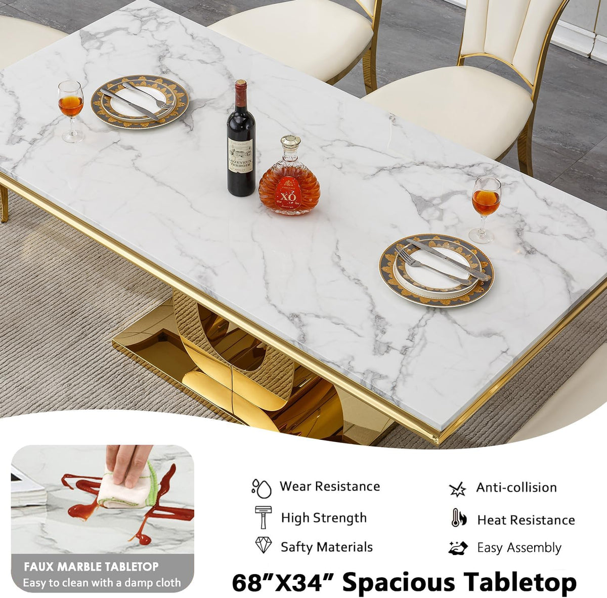 7-Piece Dining Table Set with 6 Beige Upholstered Chairs, 68" White Gold Faux Marble Kitchen Table Set for 6, U-Shape Pedestal Dining Room Table Set for 6, Modern Dining Table Set for 6