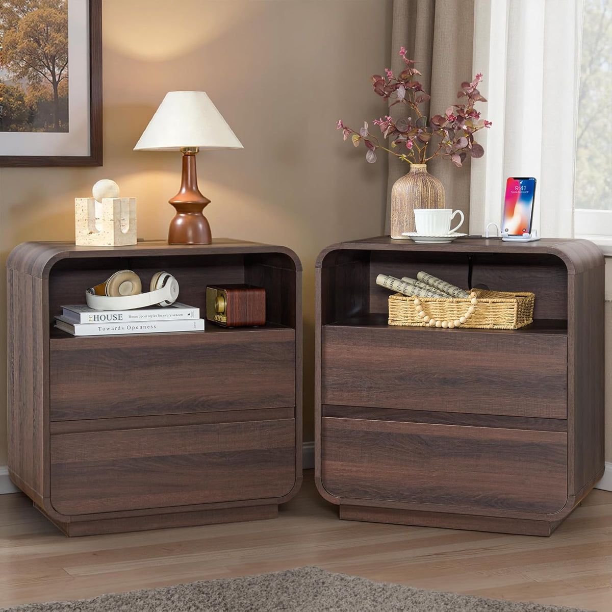 Standifurno Modern Walnut Nightstand, 25" Tall Wooden Bedside Table with Charging Station, 2 Storage Drawers Side Table Curved Profile, Handleless, Large End Table Night Stand for Bedroom, Office