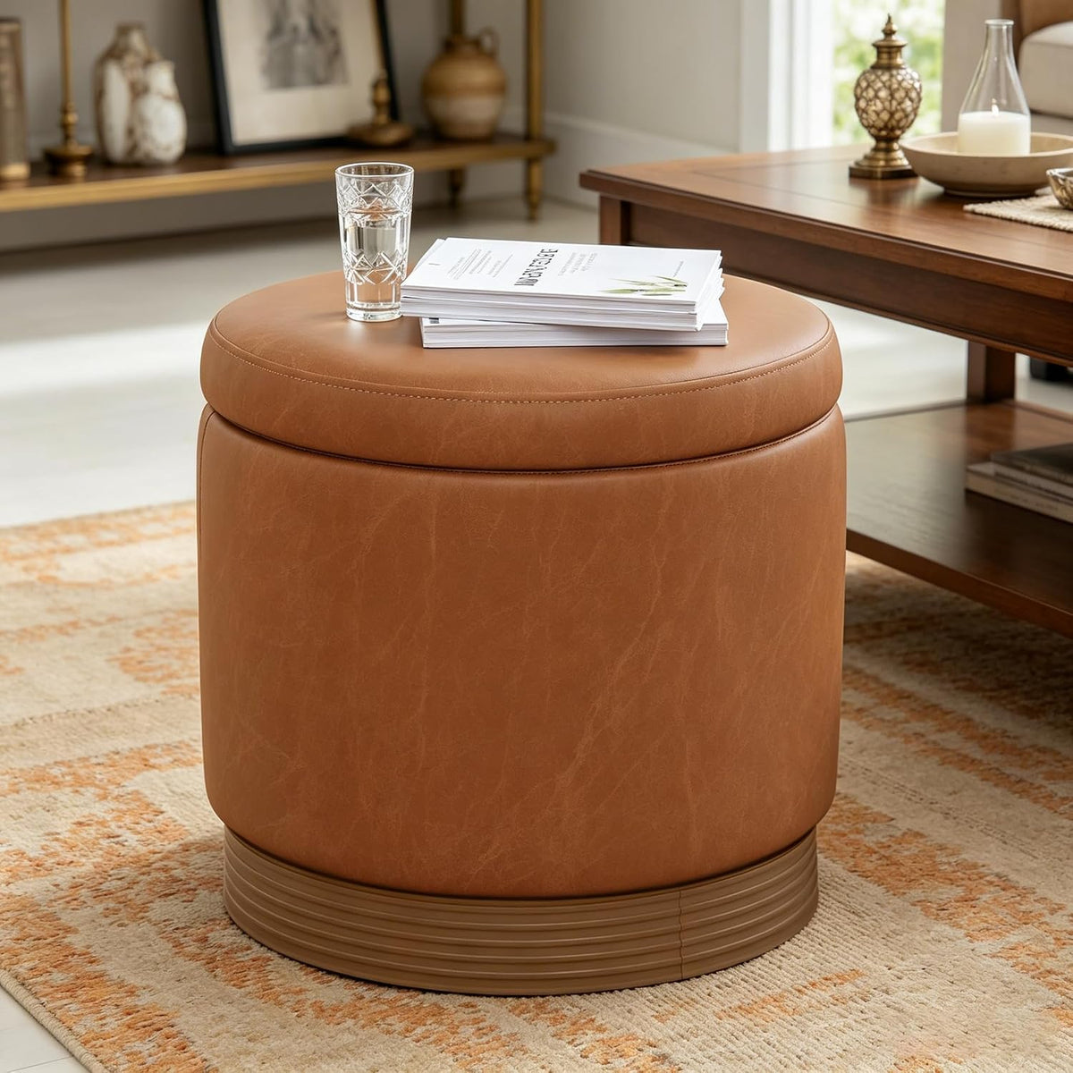 19" Round Swivel Storage Ottoman with Tray Top, Upholstered Faux Leather Foot Stool with Solid Acacia Wood Base 500 lbs Modern Accent Footrest for Living Room & Bedroom Fully Assembled Brown