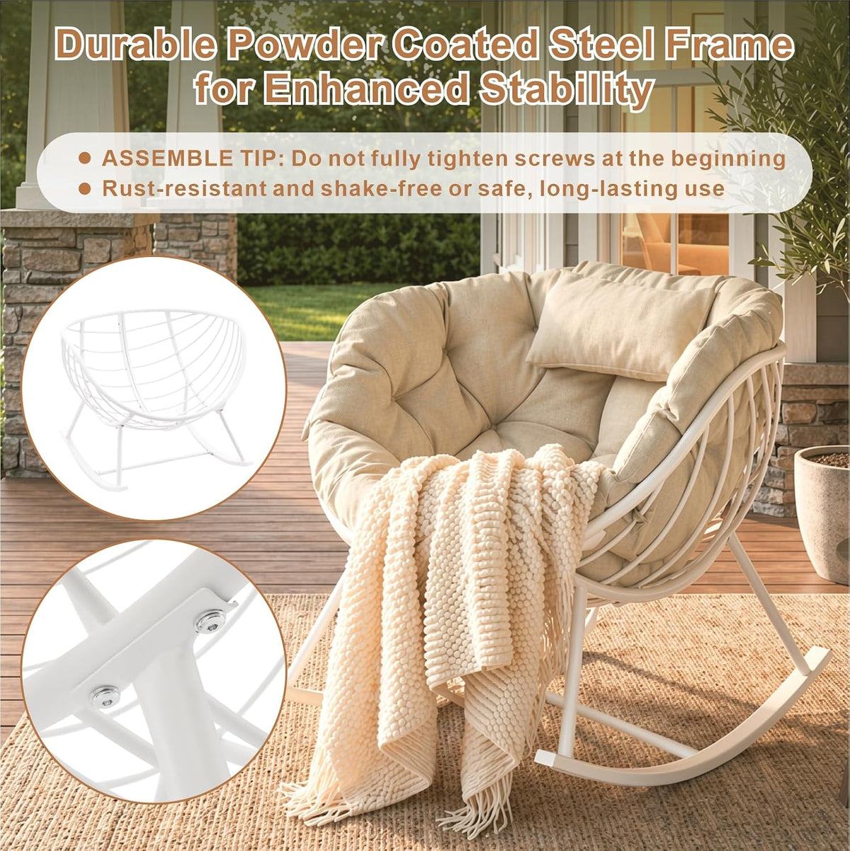Oversized Outdoor Rocking Chair, Patio Papasan Egg Chair, Rocker Reading Lounge with Thick Cushion, Comfy Indoor Rocker Chair for Bedroom, Living Room, Porch, Poolside