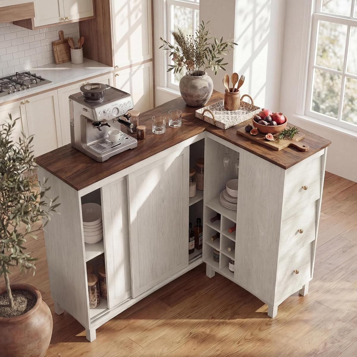 Corner Cabinet with Charging Station,L-Shaped Kitchen Pantry Storage Cabinet with 3 Drawers,Freestanding Kitchen Pantry Cabinets with Wine Rack,Glass Rack,Sliding Door for Dining Room (White)