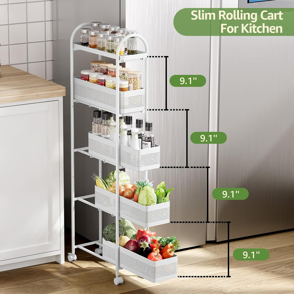 KINGRACK 5-Tier Slim Storage Cart with Pull Out Basket, Rolling Bathroom Organizer Utility, Metal Shelving Unit Slide Out, Lockable Wheels, Easy Assembly for Narrow Place, Kitchen, Laundry Room, White