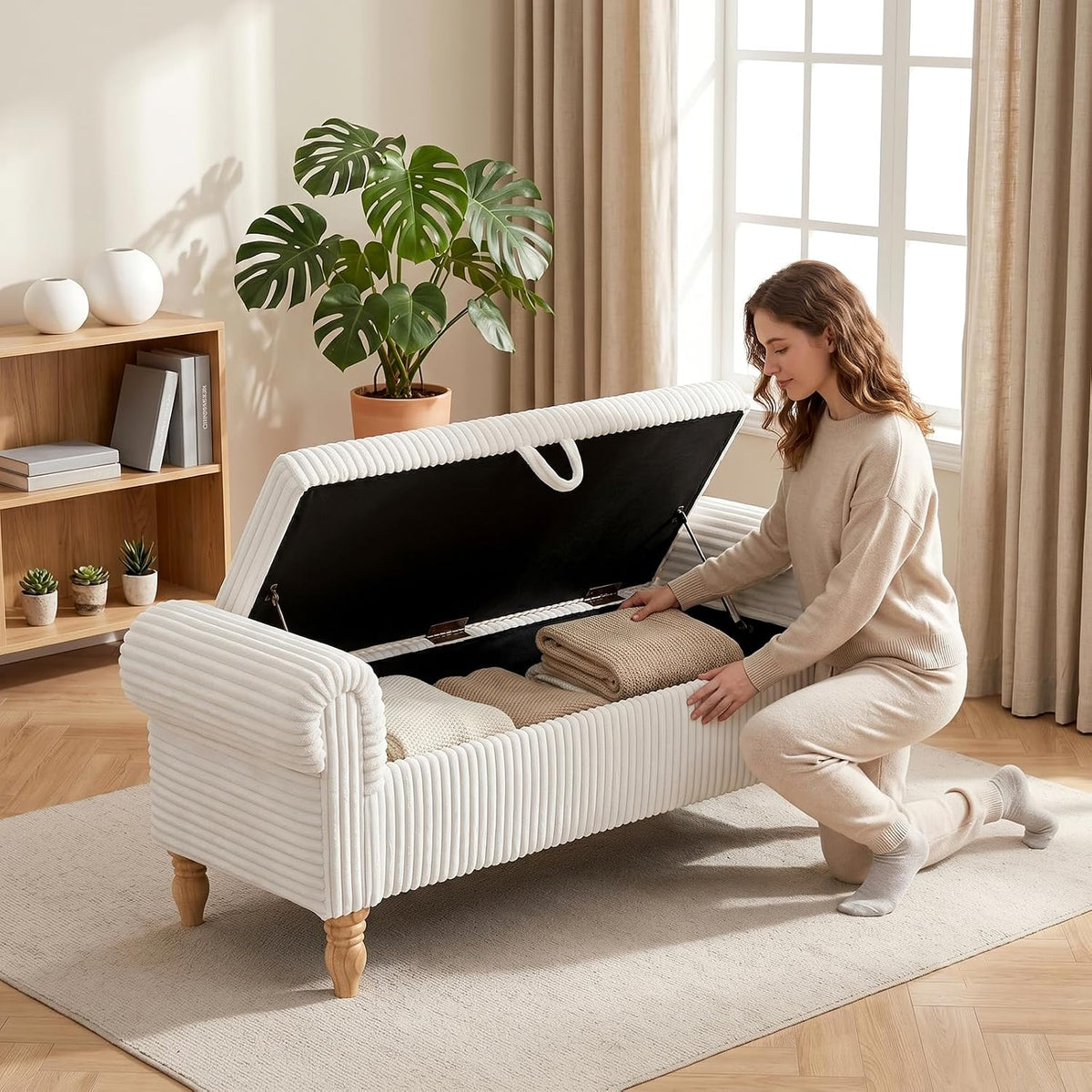 55" Storage Ottoman Bench, Corduroy End of Bed Bench for Bedroom, White | Upholstered Entryway Bench with Seating, Solid Wood Legs, Rolled Arm, for Bedroom Living Room Window Hallway, up to 285 lbs