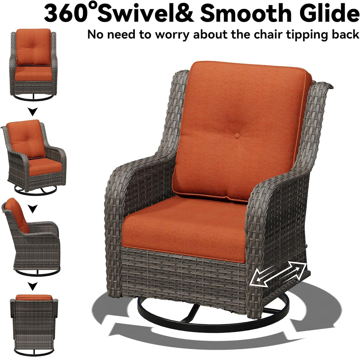 Outdoor Swivel Rocker Patio Chair - Outdoor Wicker Patio Furniture with Thickened Olefin Cushions, High Back and Deep Seating, Hand-Woven PE Rattan for Porch, Deck, Balcony, Orange