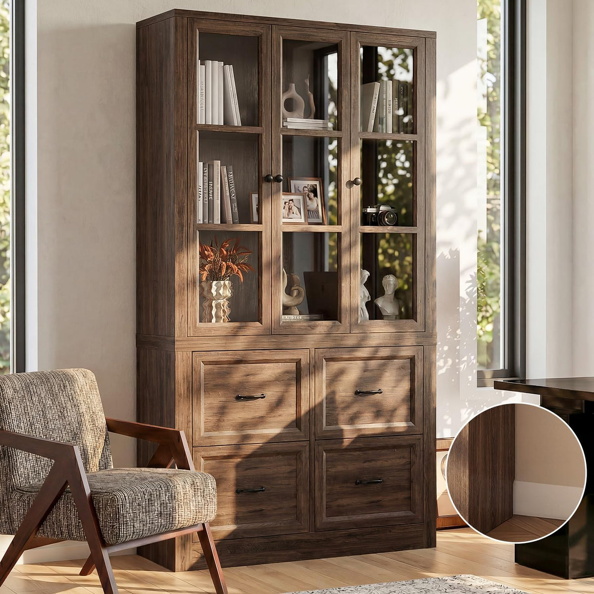 80" Modular Kitchen Pantry Cabinet, 2-in-1 Freestanding Tall Pantry Cabinet with Glass Doors & Adjustable Shelves, Large Hutch Storage Cabinet for Kitchen & Living Room (2, Cracked Oak, AB)