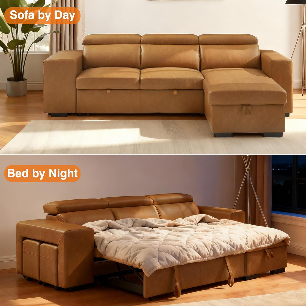 THSUPER 102'' Leather L Shaped Sectional Sleeper Sofa with Pull Out Bed, Sleeper Sectional Couch with Reversible Storage Chaise and Adjustable Headrest, Moder Leather Couches for Living Room. Brown | Breathable material