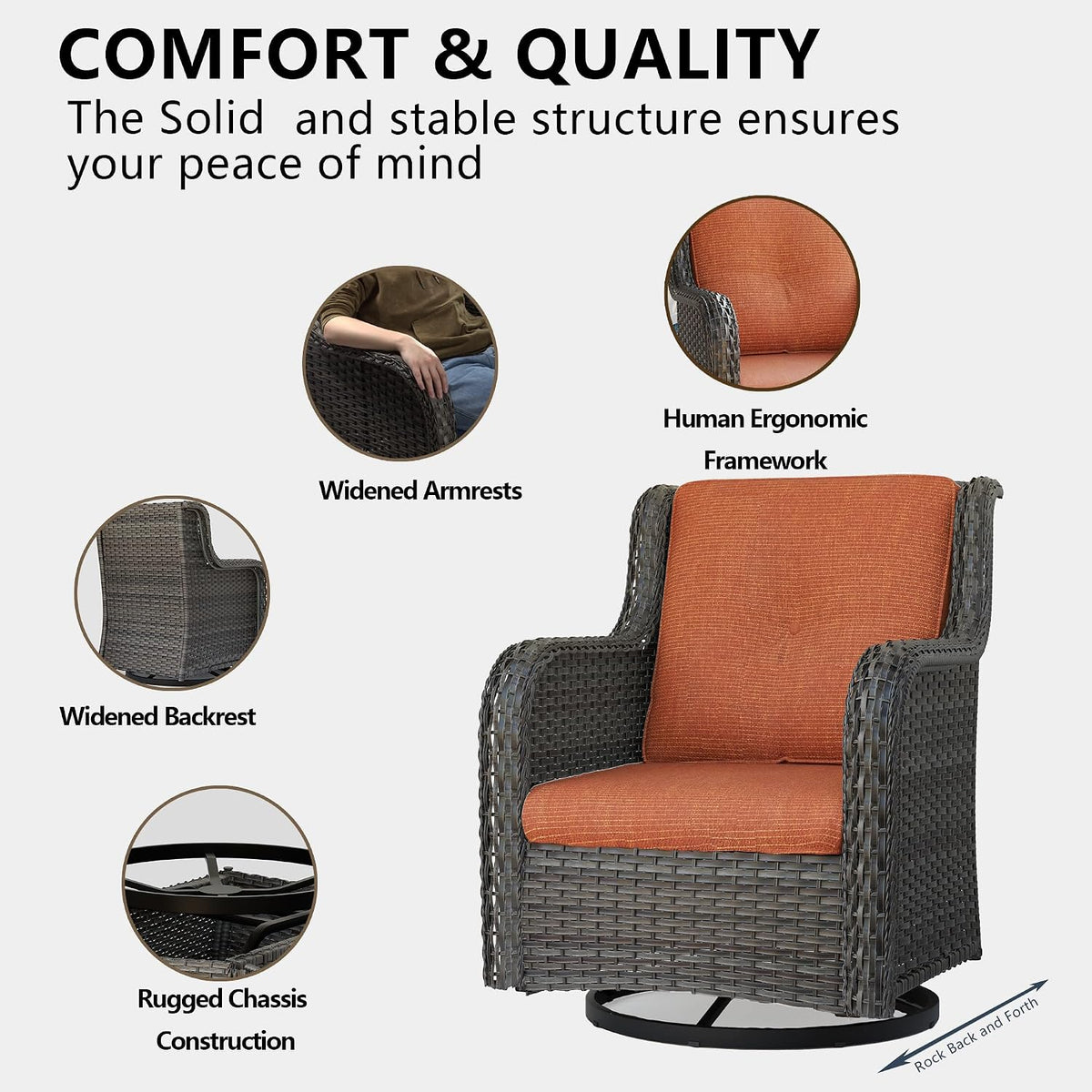 Outdoor Swivel Rocker Patio Chairs Set of 2 - Outdoor Wicker Swivel Glider Chairs 2 Pieces with Olefin Fabric Cushions Suitable for Backyard Deck and Porch(Mixed Grey/Orange)