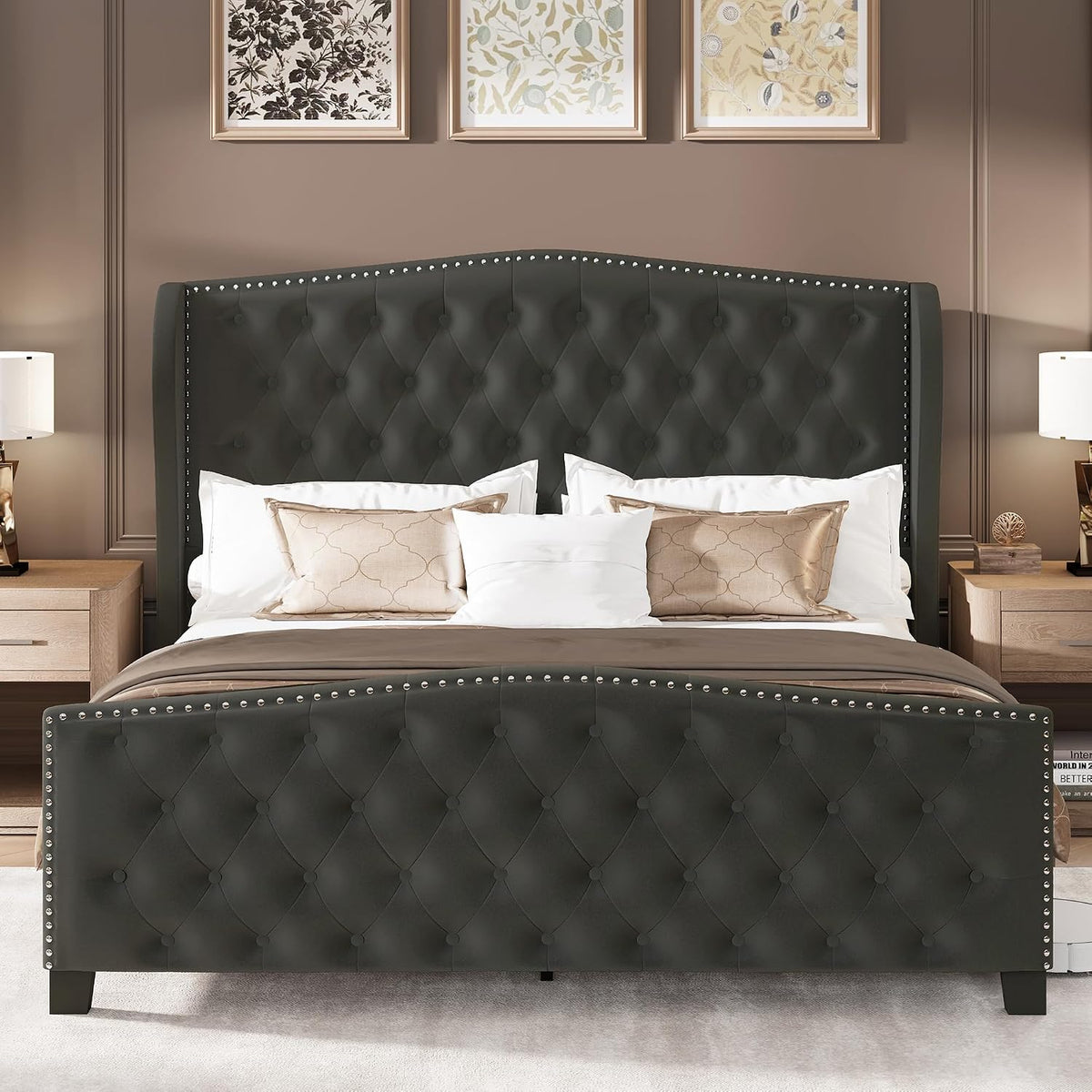 LARMACE Queen Size Bed Frame Velvet Upholstered Platform Bed with Wingback Headboard & Footbaord, Deep Button Tufted Bed Frame with Wood Slats Support, No Box Spring Needed, Grey