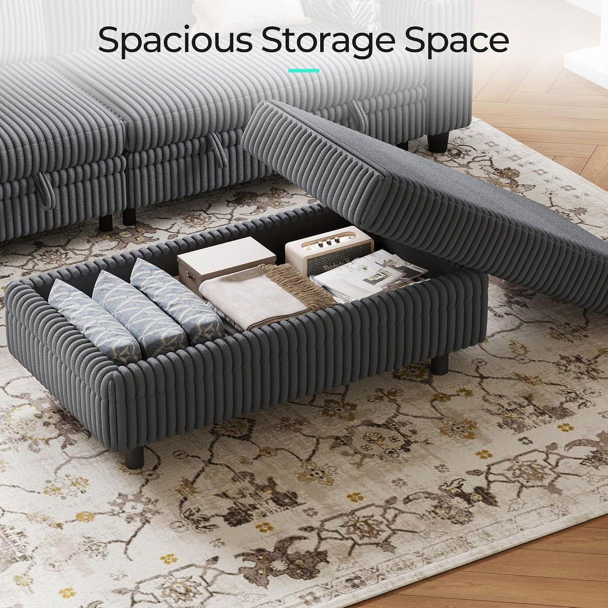 LINSY HOME Sectional Sleeper Sofa Storage Ottoman Bench, Convertible Coffee Table Plush Corduroy Couch Ottoman Footstool for Living Room, Bedroom Entryway and Family Room, Grey