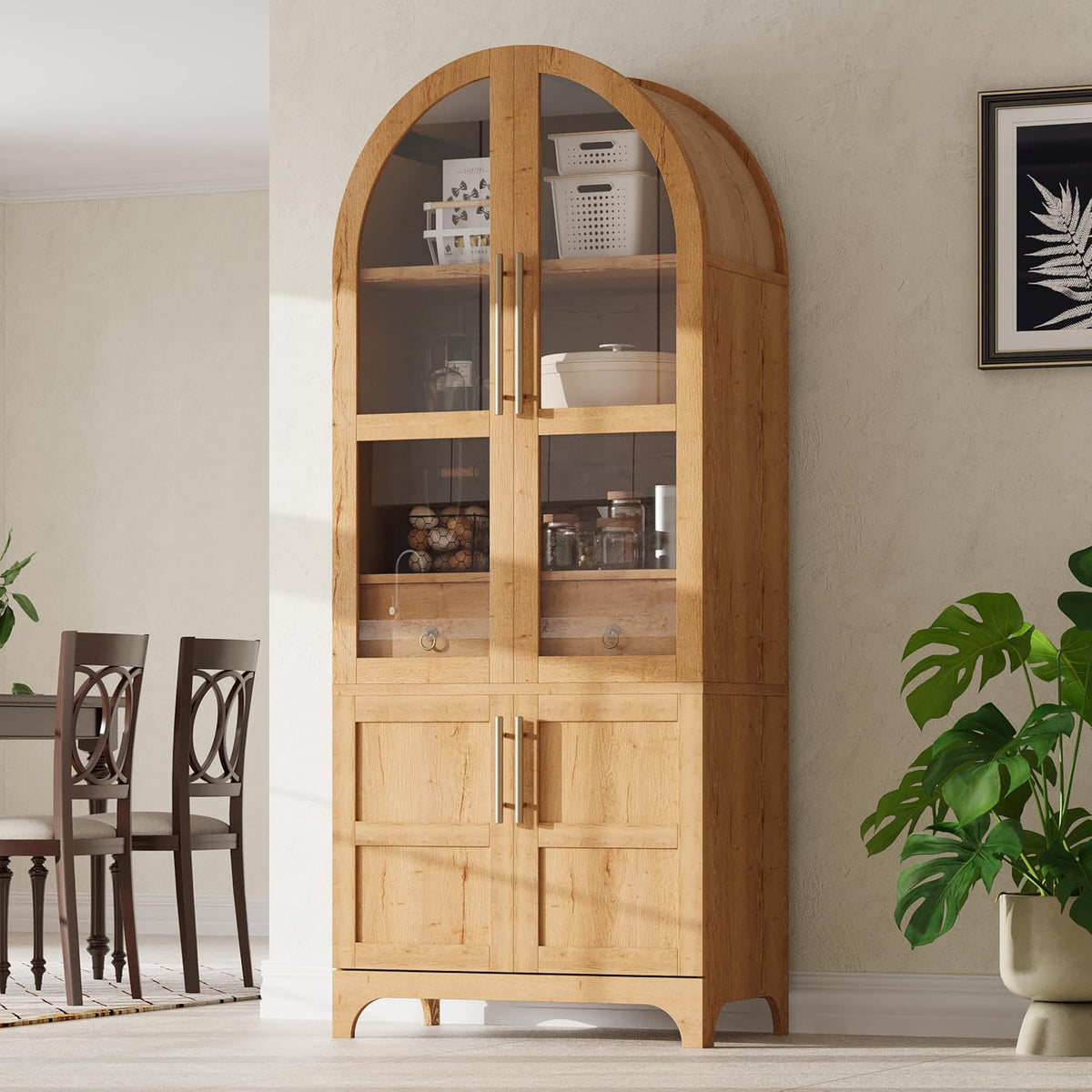 71" Arched Kitchen Pantry Cabinet with Glass Doors, Farmhouse Pantry Cabinet with Door Shelves and Drawer, Tall Cupboard with Adjustable Shelves for Kitchen, Dining Room, Natural