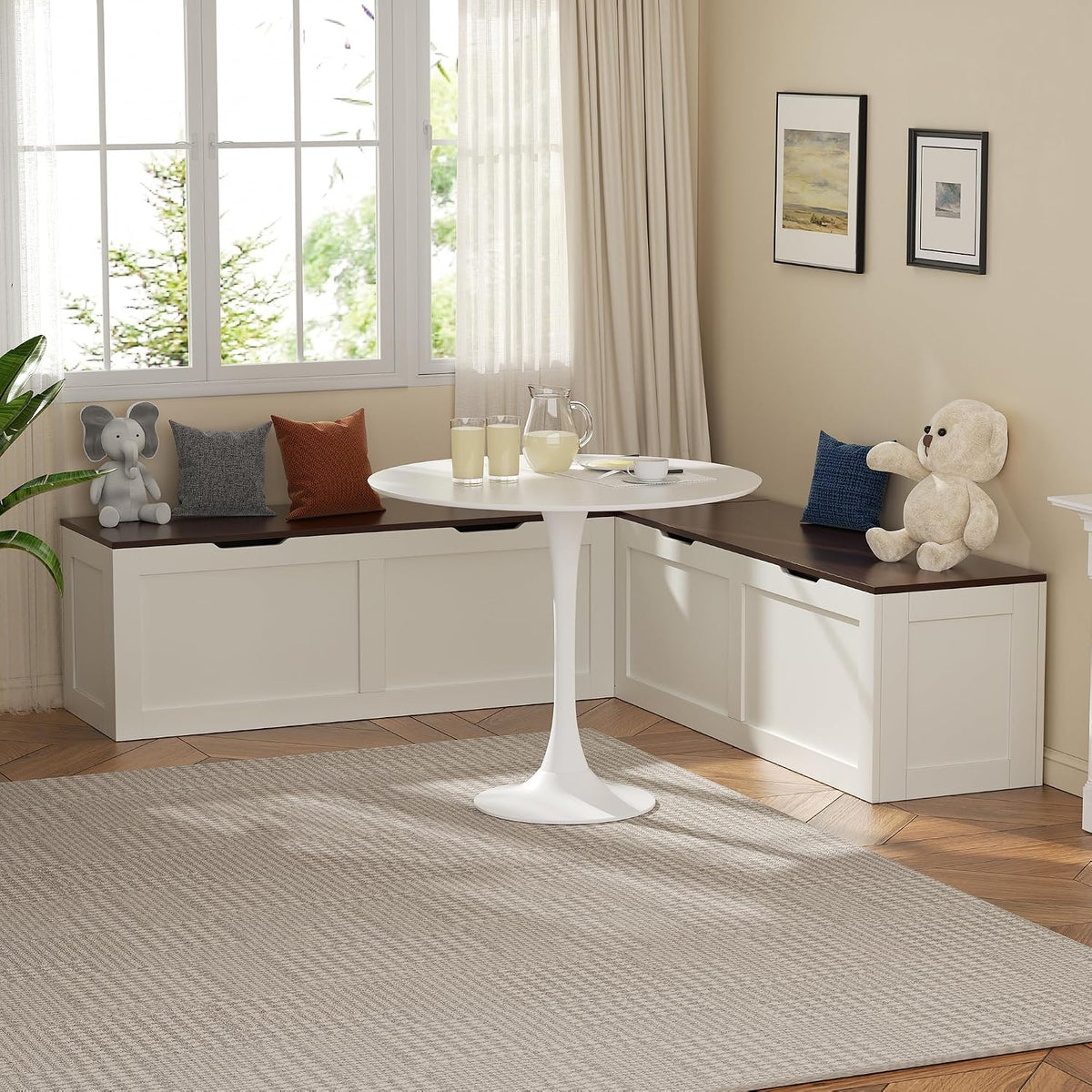 L Shaped Bench with Storage, 63" Breakfast Nook Benches, Kitchen Corner Dining Bench Seating for Entryway Dining Room, Kitchen, Walnut and White