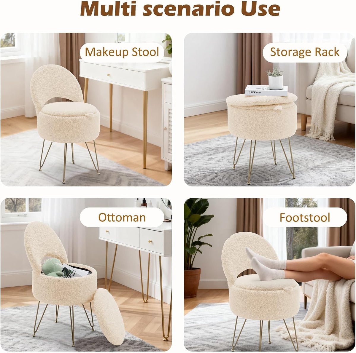 Korser Vanity Stool Chair with Storage and Folding Back, 13"x13"x27.6" Round Faux Fur Comfy Ottoman, 4 Metal Legs with Anti-Slip Feet, Makeup Chair for Living Room, Bedroom, Dressing Room