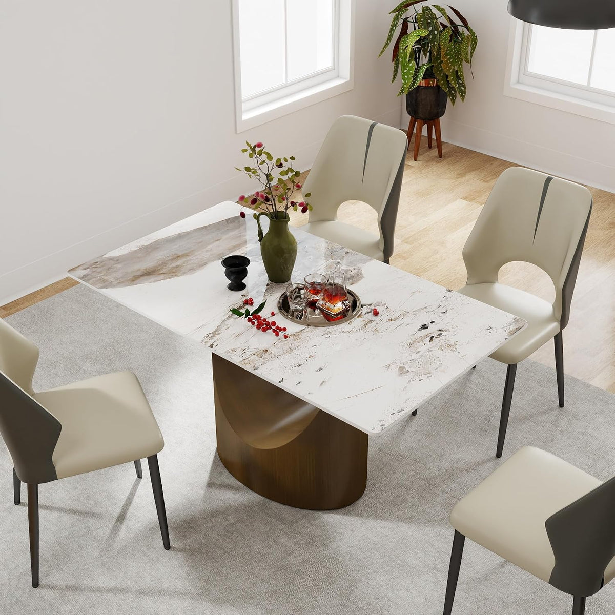 55" Modern Dining Table for 4-6, White Rectangle Dining Table, Sintered Stone Dining Tabletop with U-Shape Carbon Steel Pedestal (Table Only)