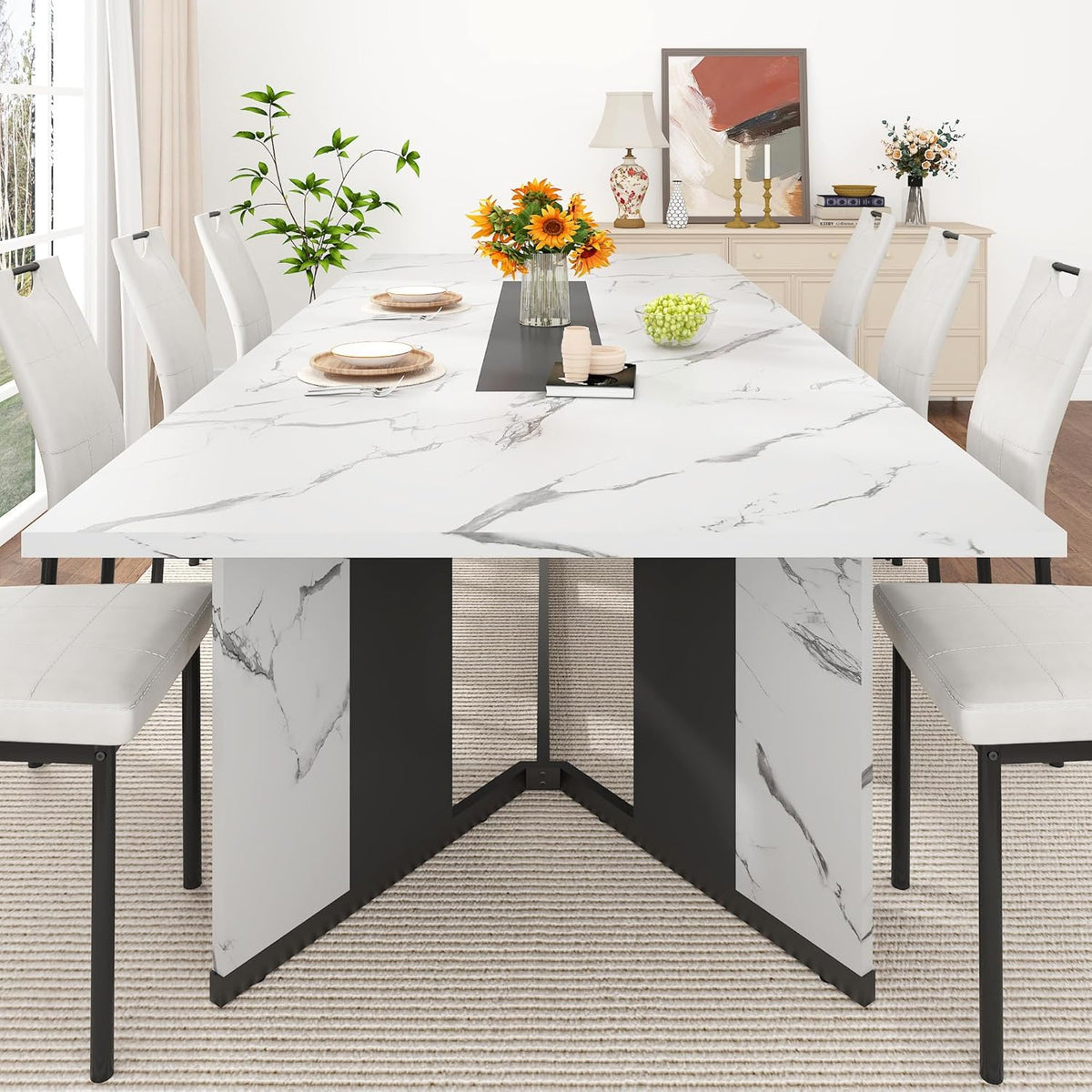chartustriable Dining Table for 8-10 People,94" Large Modern Kitchen Table W/Built-in Table Runner Design,White&Black Industrial Rectangular Dinner Table,Waterproof Wood Table Sturdy Base,280lbs Load