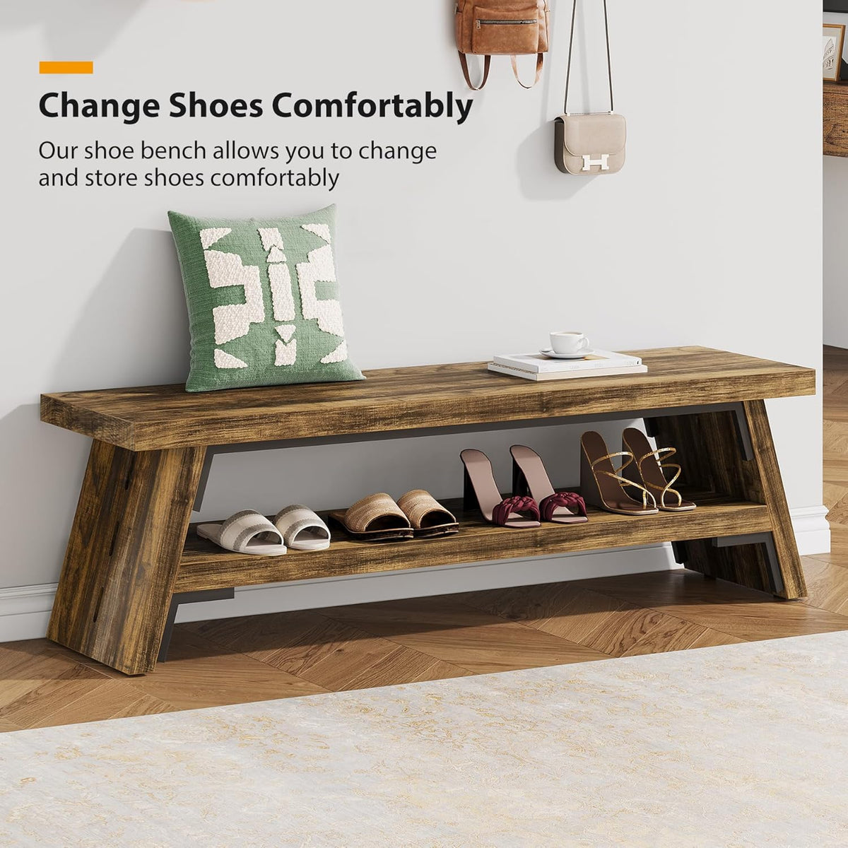 47 inch Entryway Bench, Wood Entry Bench for Shoe Storage, 2-Tier Modern Farmhouse Long Shoe Bench for Hallway, Front Door, Bedroom, Living Room, Closet, Mudroom, Rustic Brown