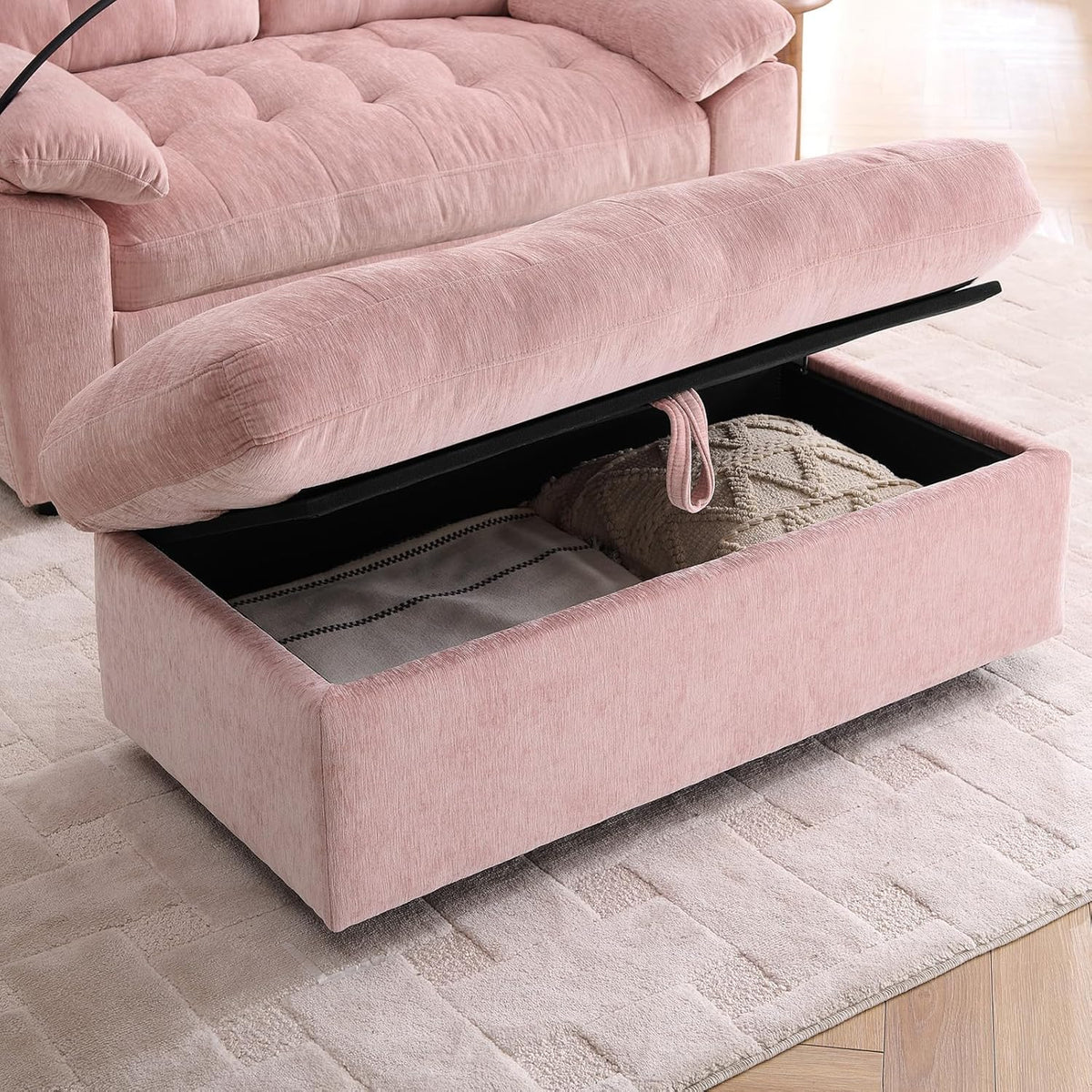 Chaise Lounge Chair Indoor with Storage Ottoman, Comfy Chenille Tufted Loveseat Sofa Chair with USB & Phone Holder, Upholstered Adjustable Backrest Lounge Sofa Chair for Living Room, Bedroom, Pink