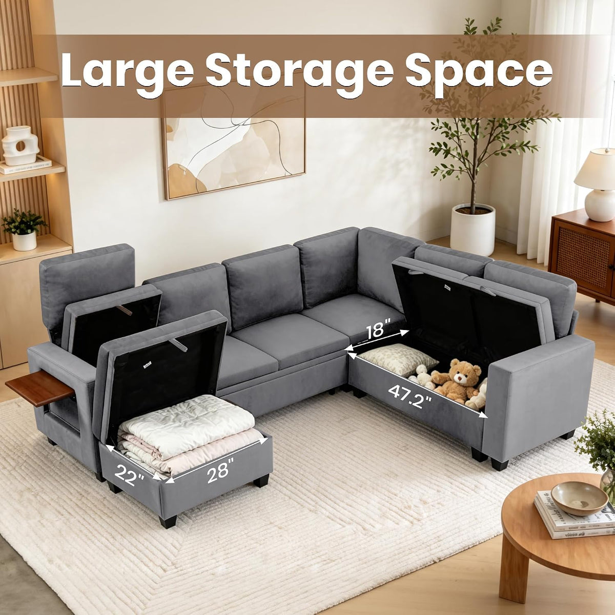 105" Modular Sectional Sleeper Sofa with Pull Out Bed, U Shaped Couch with Storage Chaise & Side Table, Waterproof Pet-Friendly Cat Paw Velvet for Living Room, Tool-Free Assembly(7 Seat Grey)