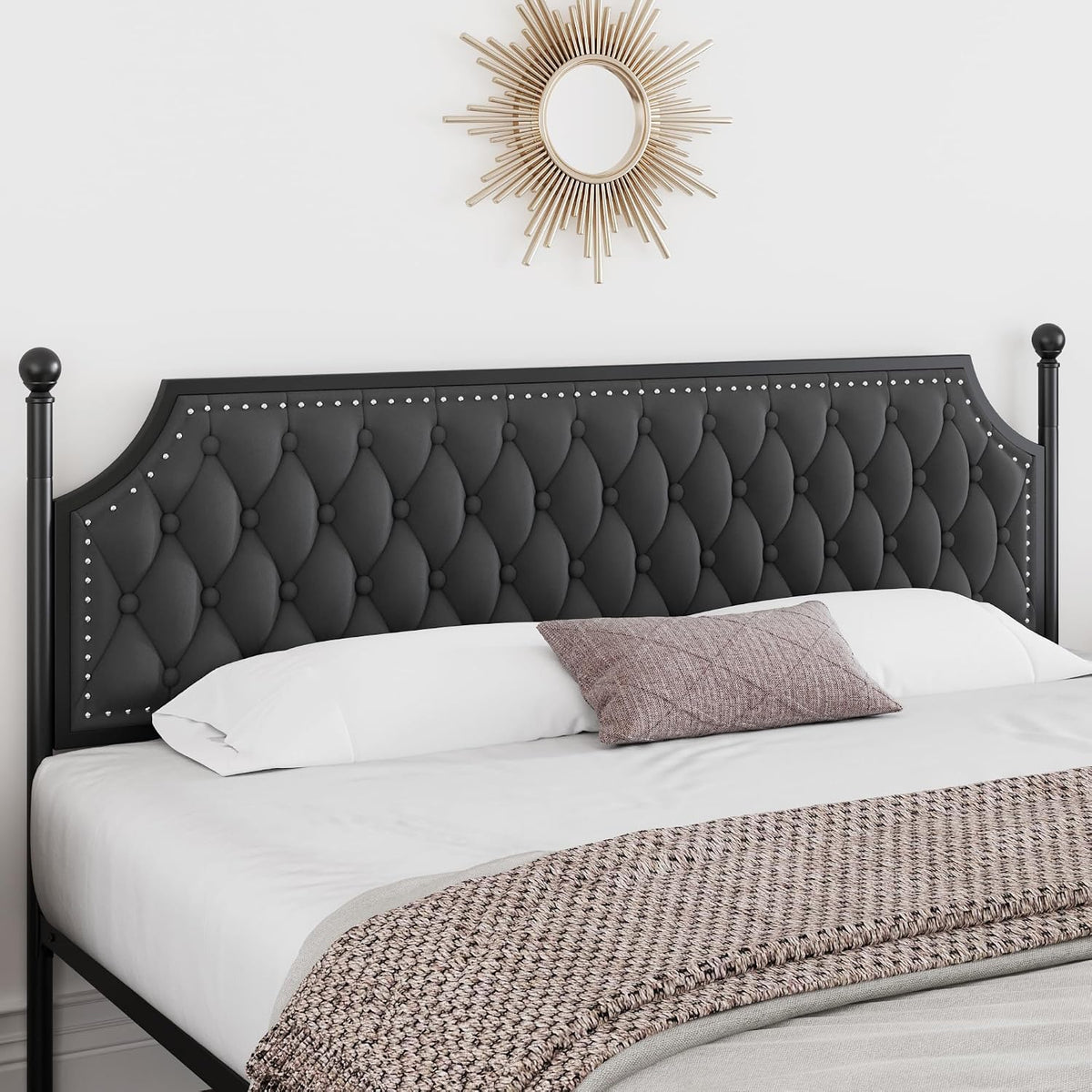 Keyluv King Upholstered Canopy Bed Frame with 3 Storage Drawers & Button Tufted Headboard, Metal Platform Bed with 4 Removable Posts, Two-Purpose Velvet Bed, Dark Grey/Curtain Not Included