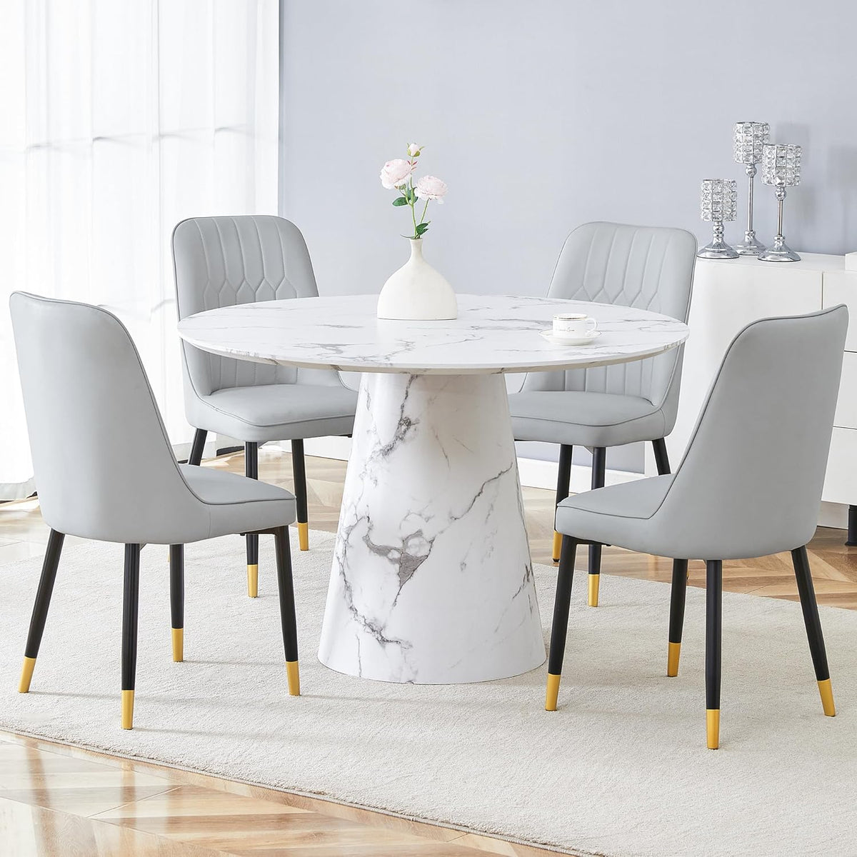 JUFU Round Dining Table Set for 4, 45" Modern Faux Marble Kitchen Table and Upholstered Chairs, 5 Piece Small Circle Dinette Set for Dining Room, Kitchen