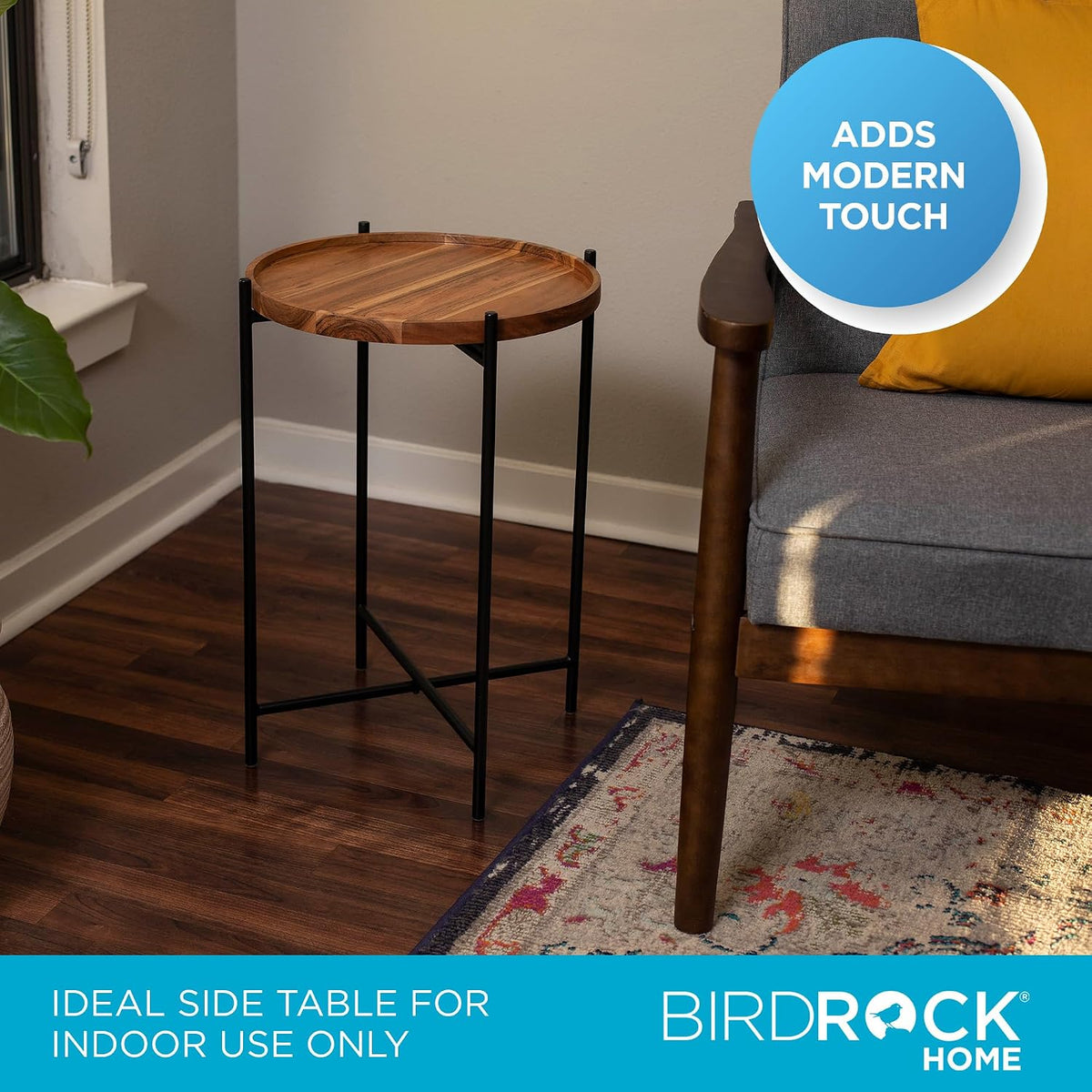 BIRDROCK HOME Folding Side Table with Removable Wood Tray - Modern Accent, Foldable End Table for Living Room, Bedroom - Portable Serving Tray for Decoration, Coffee, Drinks & Food - Natural Acacia