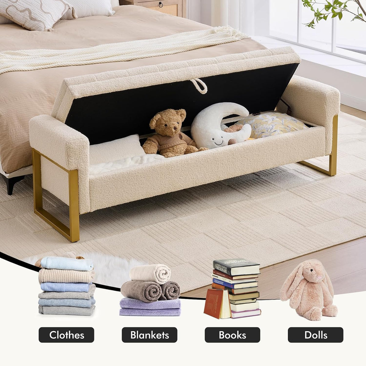 67" End of Bed Storage Bench King Size, Bench for Bedroom Foot of Bed, Upholstered Teddy Storage Ottoman with Gold Legs for Window Living Room, Teddy Beige