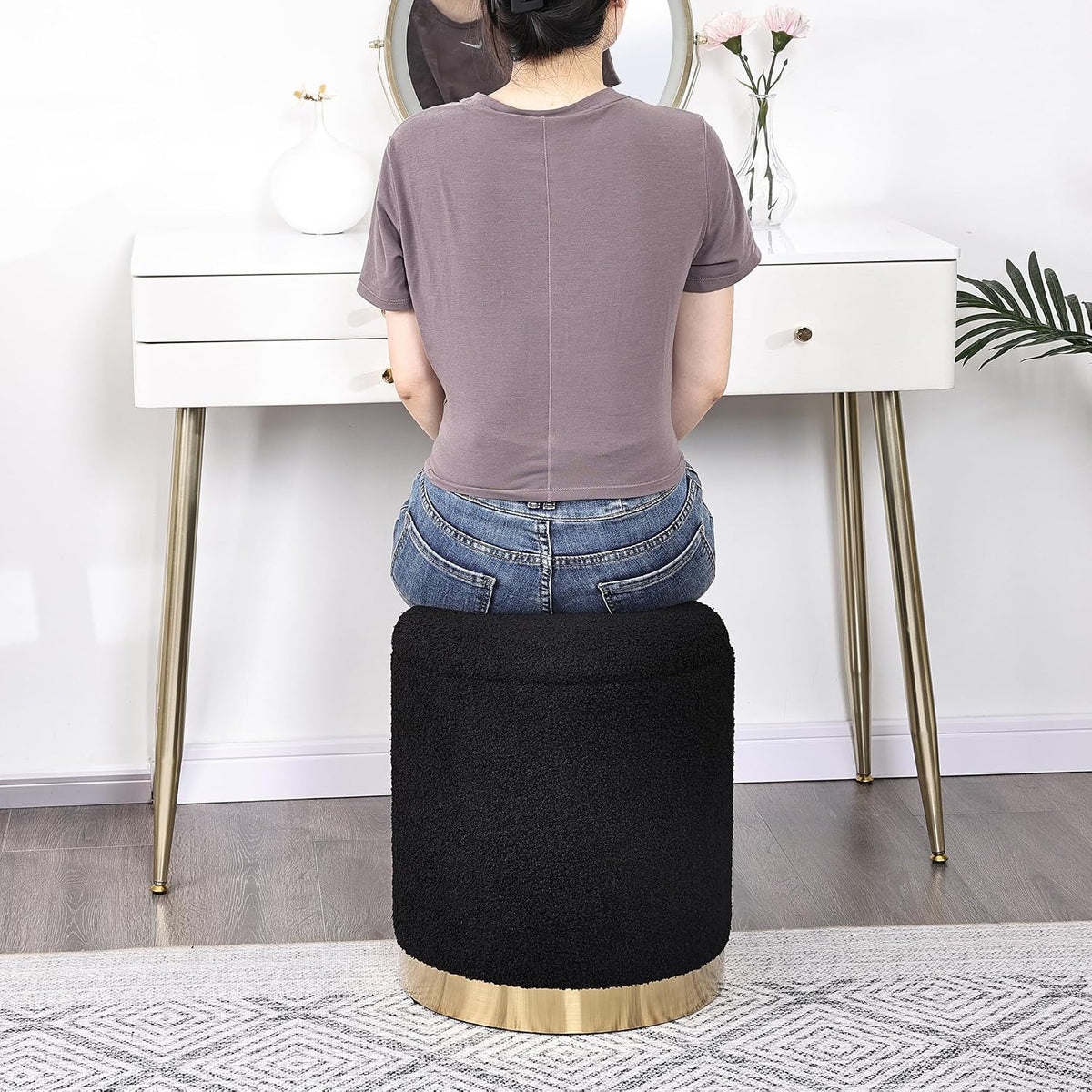 Joveco Boucle Round Ottoman with Storage,Vanity Stool with Storage for Bedroom, Ottoman Coffee Table,Small Boucle Foot Stool for Living Room, Black with Gold Plating