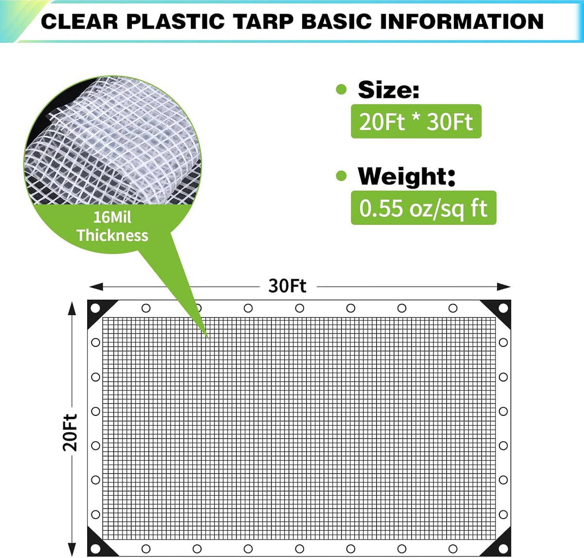 20Ftx30Ft Clear Greenhouse Plastic Covering, 16Mil Thickness Heavy Duty Clear tarp for Chicken coop, Greenhouse Plastic sheeting with Hemmed Edges & preinstalled Grommets.